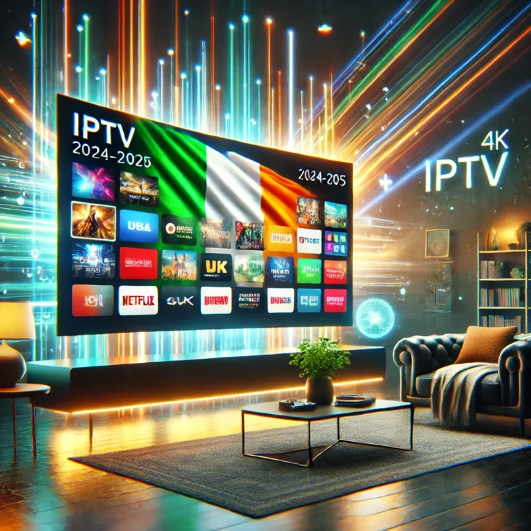 Modern living room with a large TV displaying vibrant channels, representing IPTV in Ireland by GET4KIPTV for 2024-2025, with a cozy and futuristic vibe